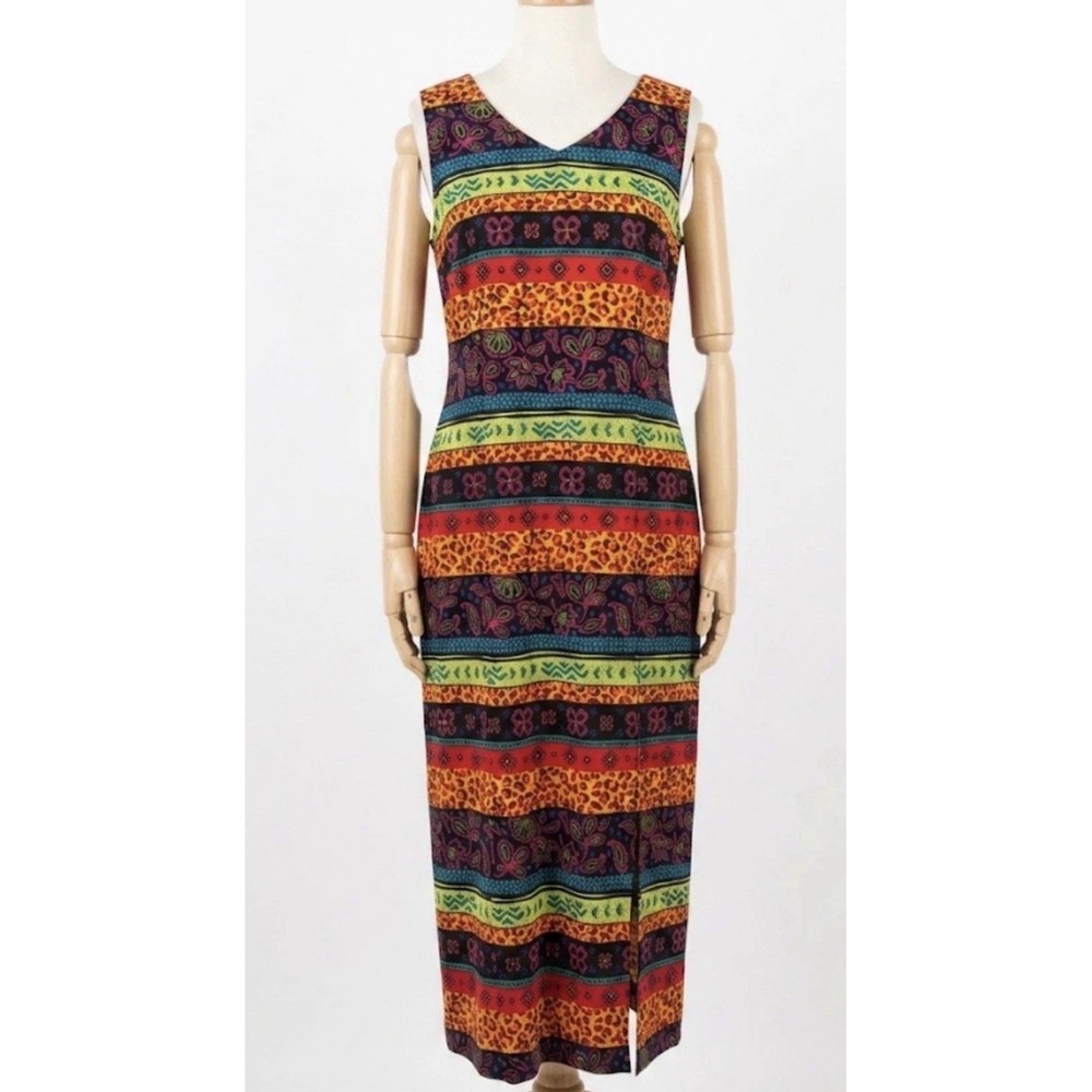 Vtg 90s Column Dress 16 Sleeveless Midi Geometric Animal Print Slit Maximalist